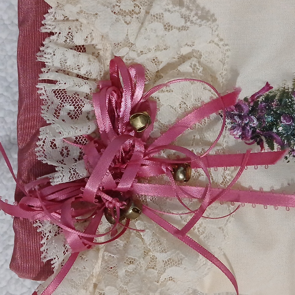 Vintage Hand Painted Christmas Stocking with Lace Trim & Bells - Picture 2 of 5